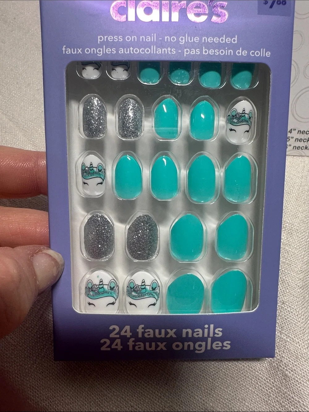 Claire's Teal Press-On Nails with Multicolor Rainbow & Butterfly Necklace Set